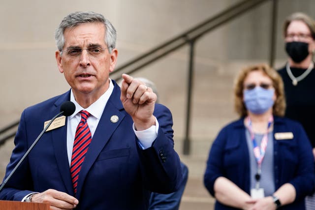 Georgia Secretary of State Brad Raffensperger speaks during a news conference on Wednesday, Nov. 11, 2020, in Atlanta. Georgia election officials have announced an audit of presidential election results that will trigger a full hand recount.