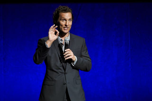 Matthew McConaughey, a cast member in the upcoming film "White Boy Rick," addresses the audience during the Sony Pictures Entertainment presentation at CinemaCon on April 23, 2018, in Las Vegas. McConaughey turns 51 on Nov. 4. (Photo by Chris Pizzello/Invision/AP, File)
