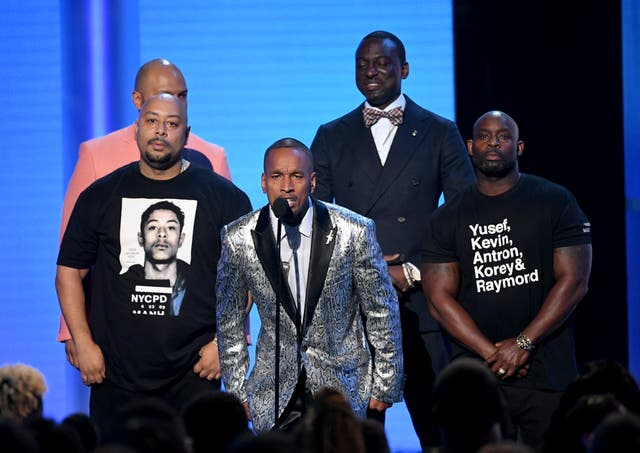 (L-R) Kevin Richardson, Raymond Santana Jr., Korey Wise, Yusef Salaam, and Antron McCray of the “Central Park Five" speak onstage at the 2019 BET Awards in Los Angeles