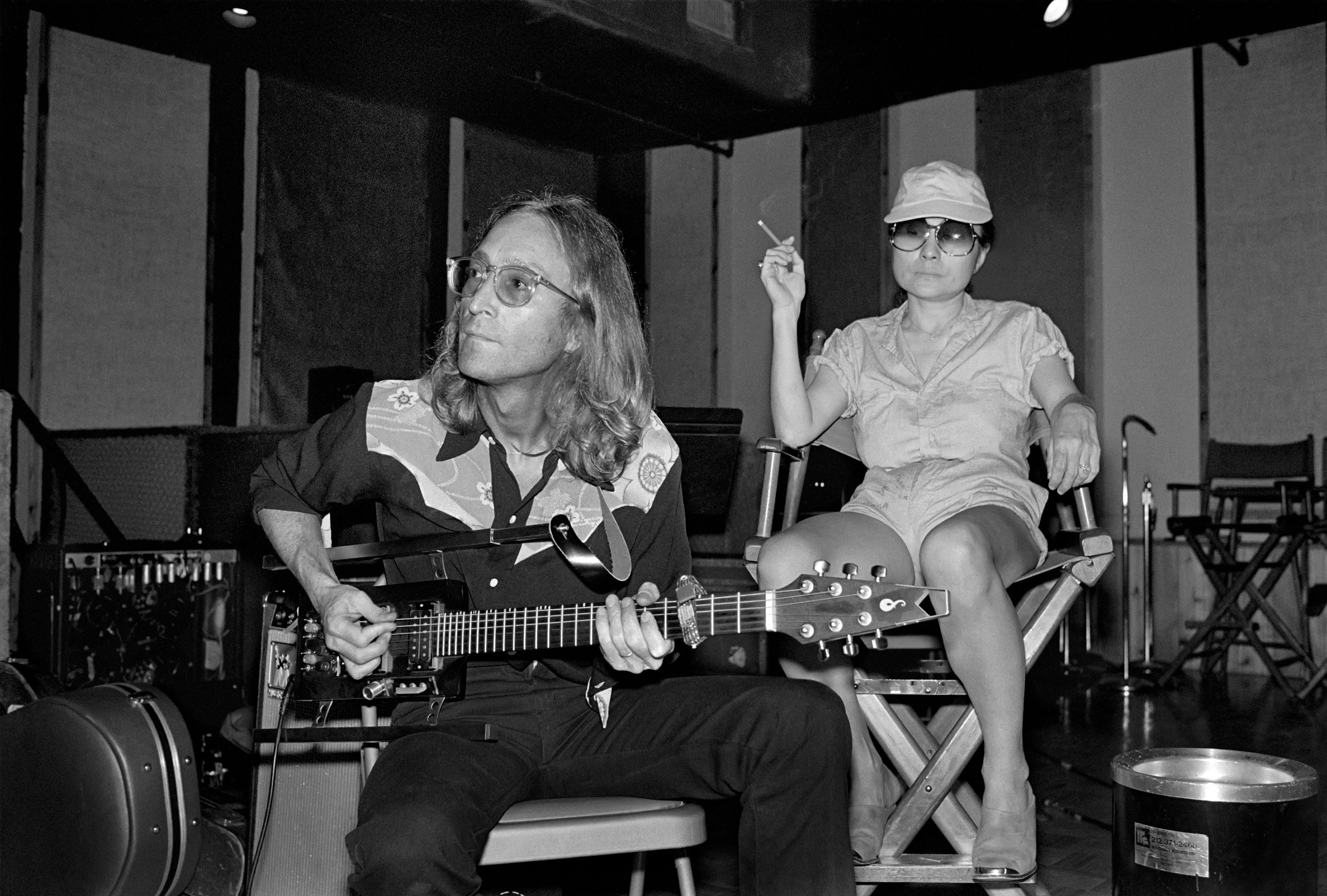 John Lennon noodles on his rare Sardonyx guitar while Yoko Ono enjoys a smoke at the Hit Factory in Manhattan on 7 August, 1980, the first day of recording for ‘Double Fantasy’