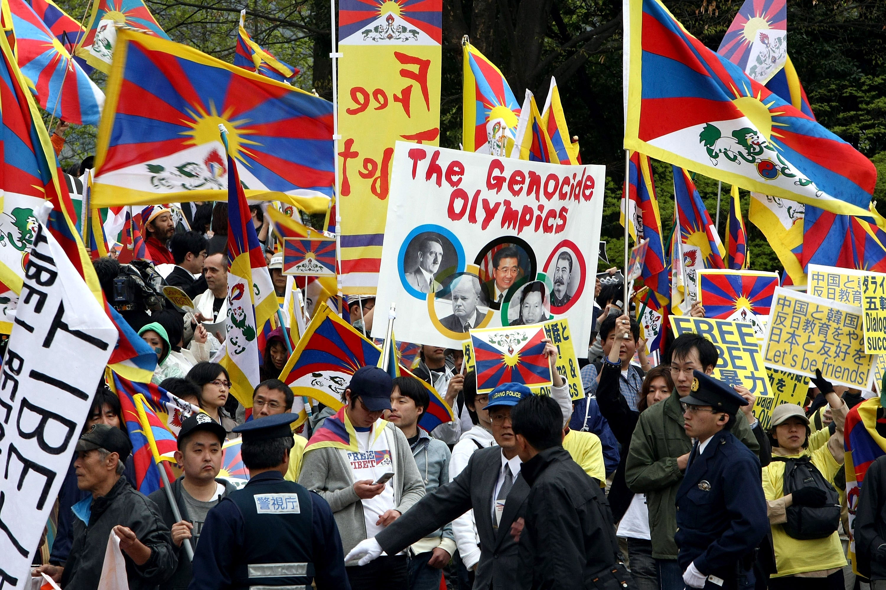 Protesters marching in solidarity with Tibet during the 2008 Olympic torch relay in Nagano, Japan