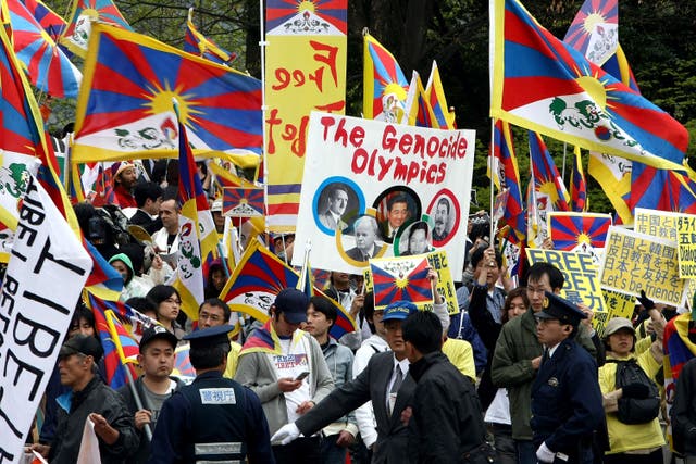 <p>Protesters marching in solidarity with Tibet during the 2008 Olympic torch relay in Nagano, Japan</p>