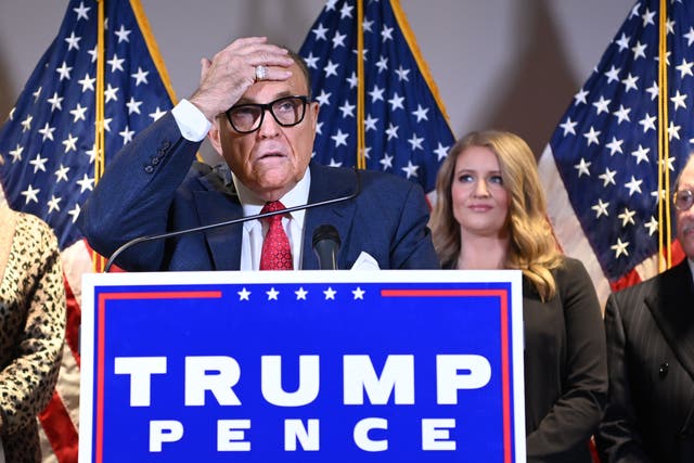 Trump's personal lawyer Rudy Giuliani speaks during a press conference at the Republican National Committee headquarters in Washington, DC, on November 19, 2020. (Photo by MANDEL NGAN / AFP) (Photo by MANDEL NGAN/AFP via Getty Images)