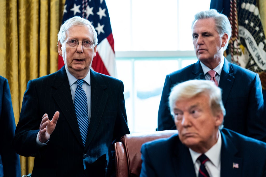Republican congressional leaders Mitch McConnell, left, and Kevin McCarthy, right, have taken a stance of appeasing Donald Trump’s tenacity on disputing the election results.