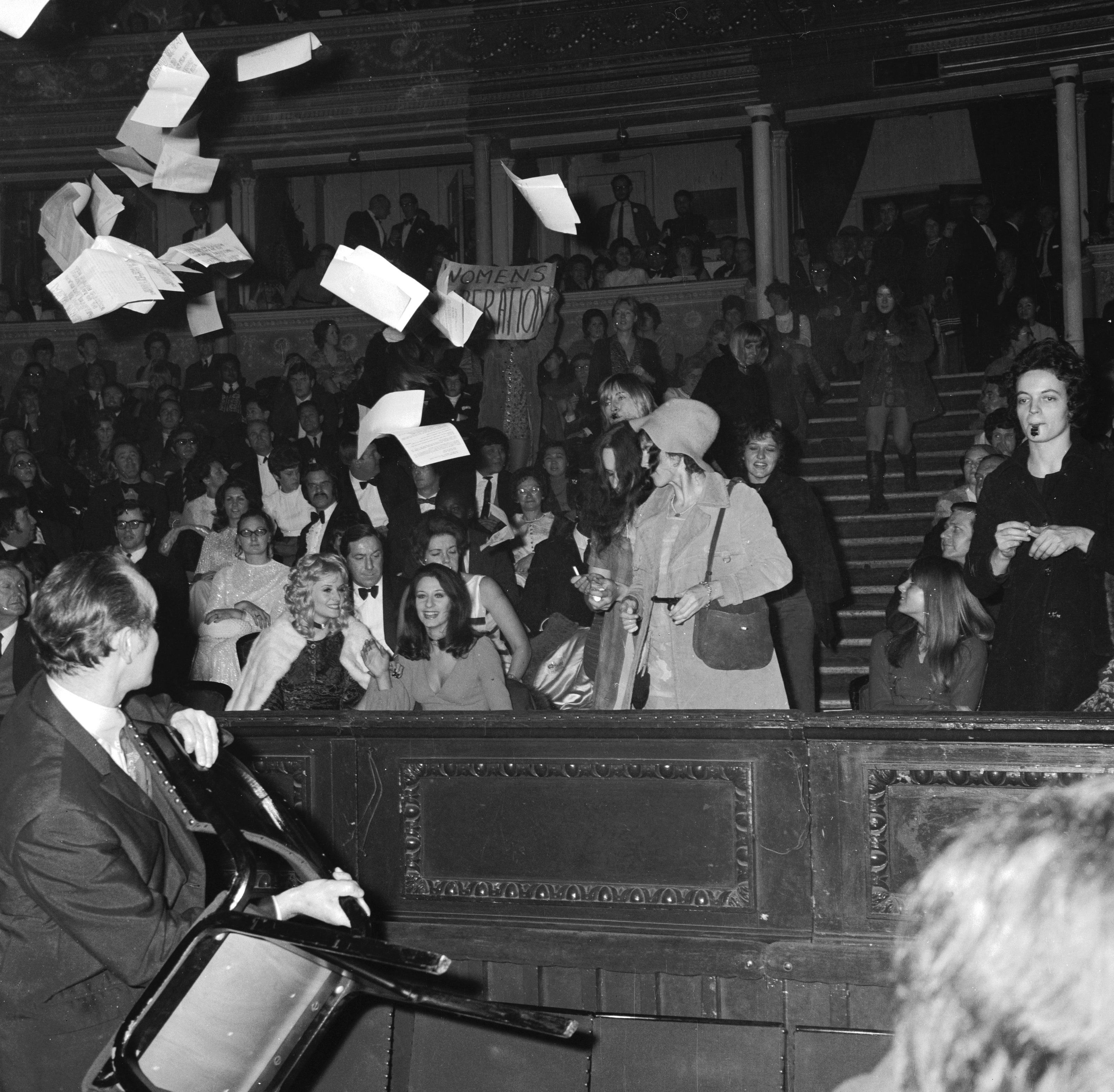Demonstrators inside the Royal Albert Hall during the 1970 Miss World contest