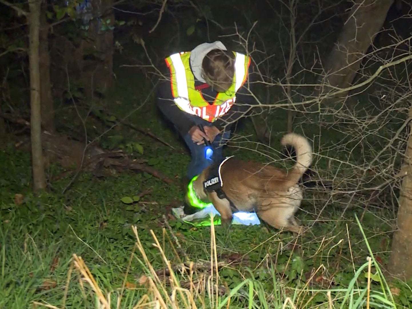 A policeman with a tracker dog is searching for a missing man in Berlin, Germany