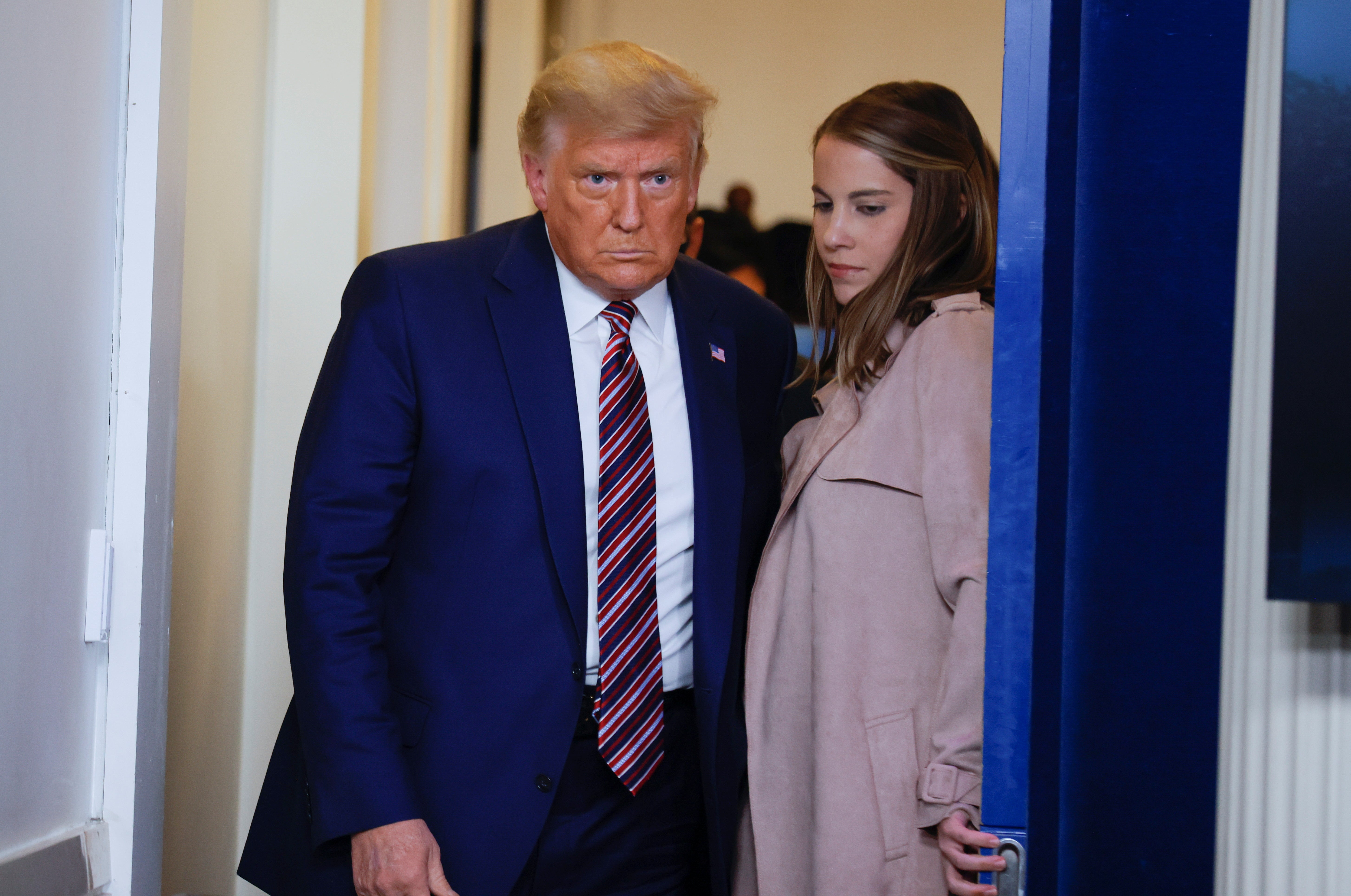 <p>President Donald Trump enters the Brady Press Briefing Room to speak about prescription drug prices on Friday</p>