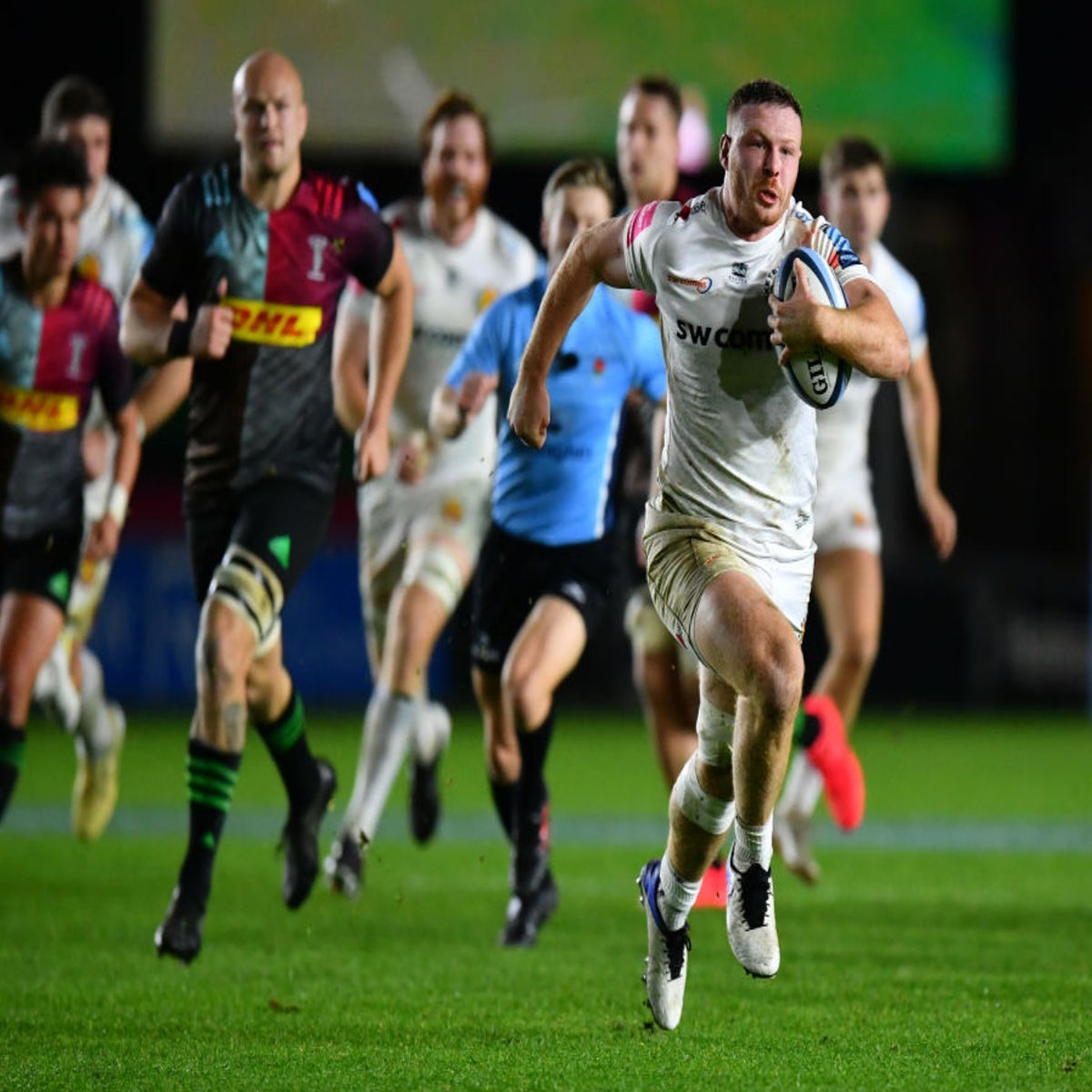 Exeter Chiefs prop Alec Hepburn drives over to score during the