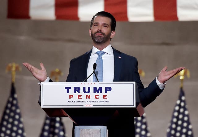 <p>In this file photo taken on August 24, 2020 Donald Trump Jr. speaks during the first day of the Republican convention at the Mellon auditorium in Washington, DC. (Photo by Olivier DOULIERY / AFP) (Photo by OLIVIER DOULIERY/AFP via Getty Images)</p>