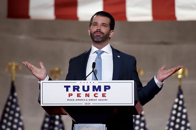 <p>In this file photo taken on August 24, 2020 Donald Trump Jr. speaks during the first day of the Republican convention at the Mellon auditorium in Washington, DC. (Photo by Olivier DOULIERY / AFP) (Photo by OLIVIER DOULIERY/AFP via Getty Images)</p>