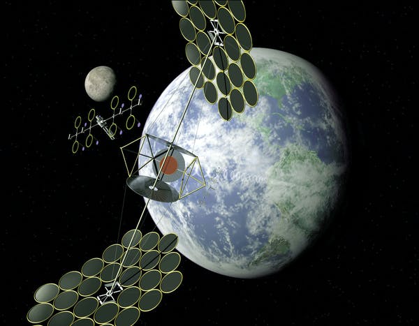 An artist’s conception of a solar power satellite, dubbed the Integrated Symmetrical Concentrator SPS concept