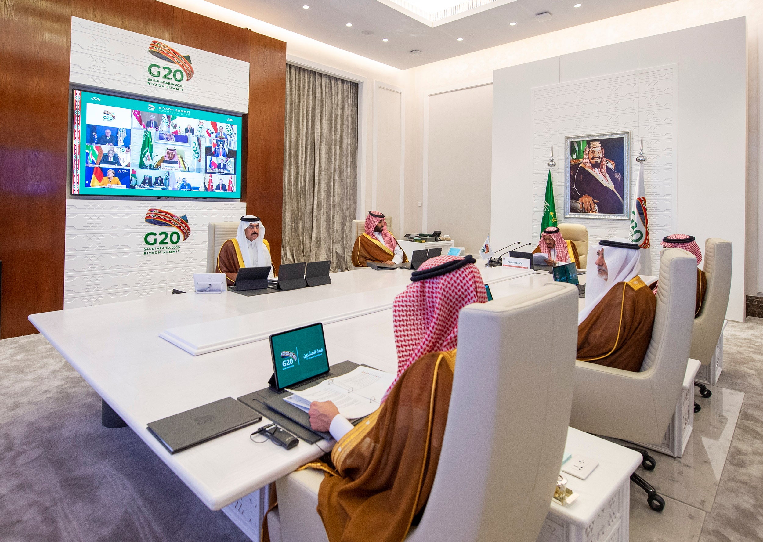 King Salman gives a virtual speech during an opening session of the G20 Summit in Riyadh