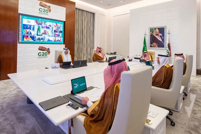 <p>King Salman gives a virtual speech during an opening session of the G20 Summit in Riyadh</p>