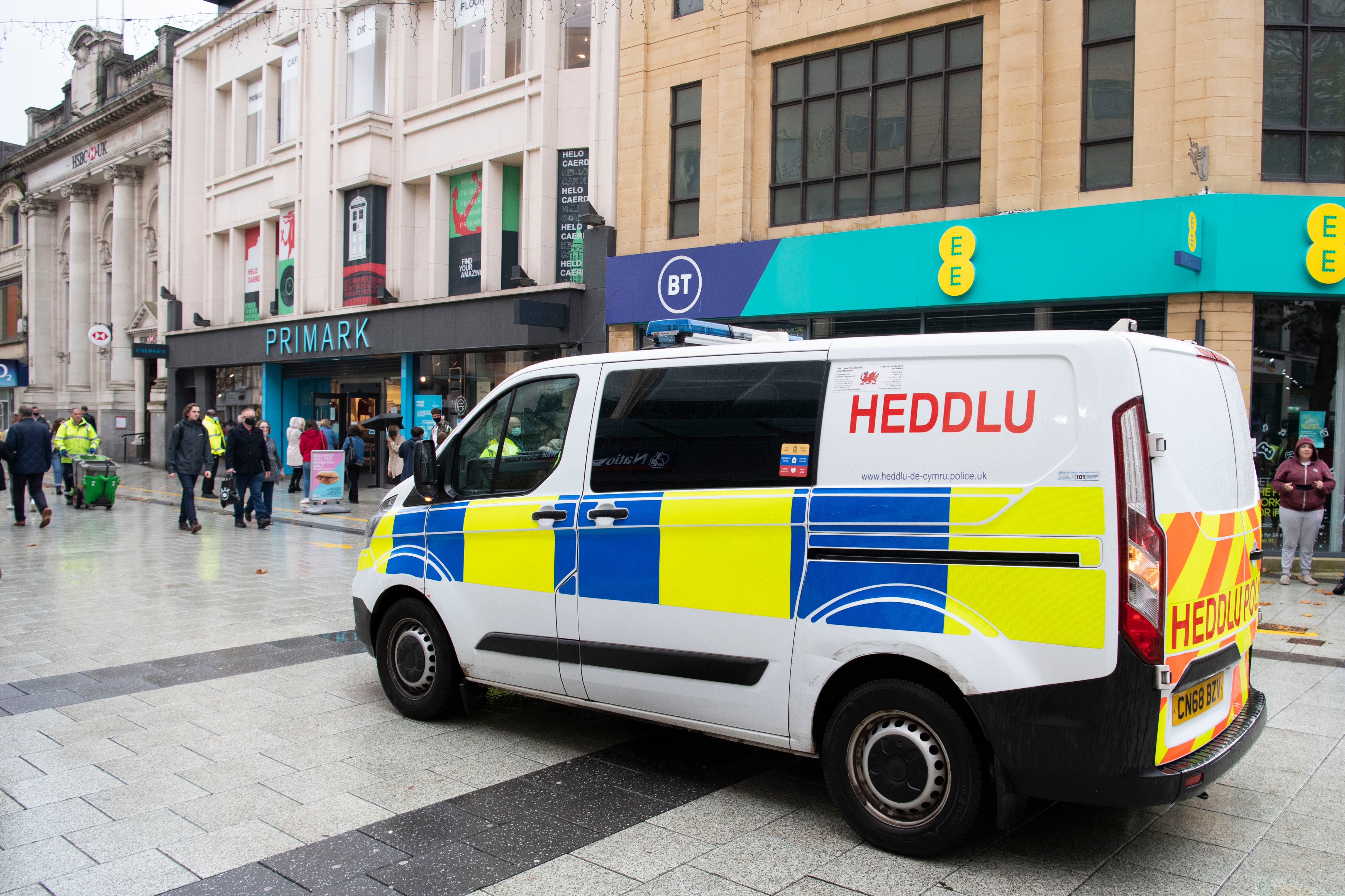 police van drives down Queen Street on November 9, 2020 in Cardiff, Wales. Six people received treatment in hospital after a violent incident unfolded in the city centre on Saturday, 22 November, 2020.