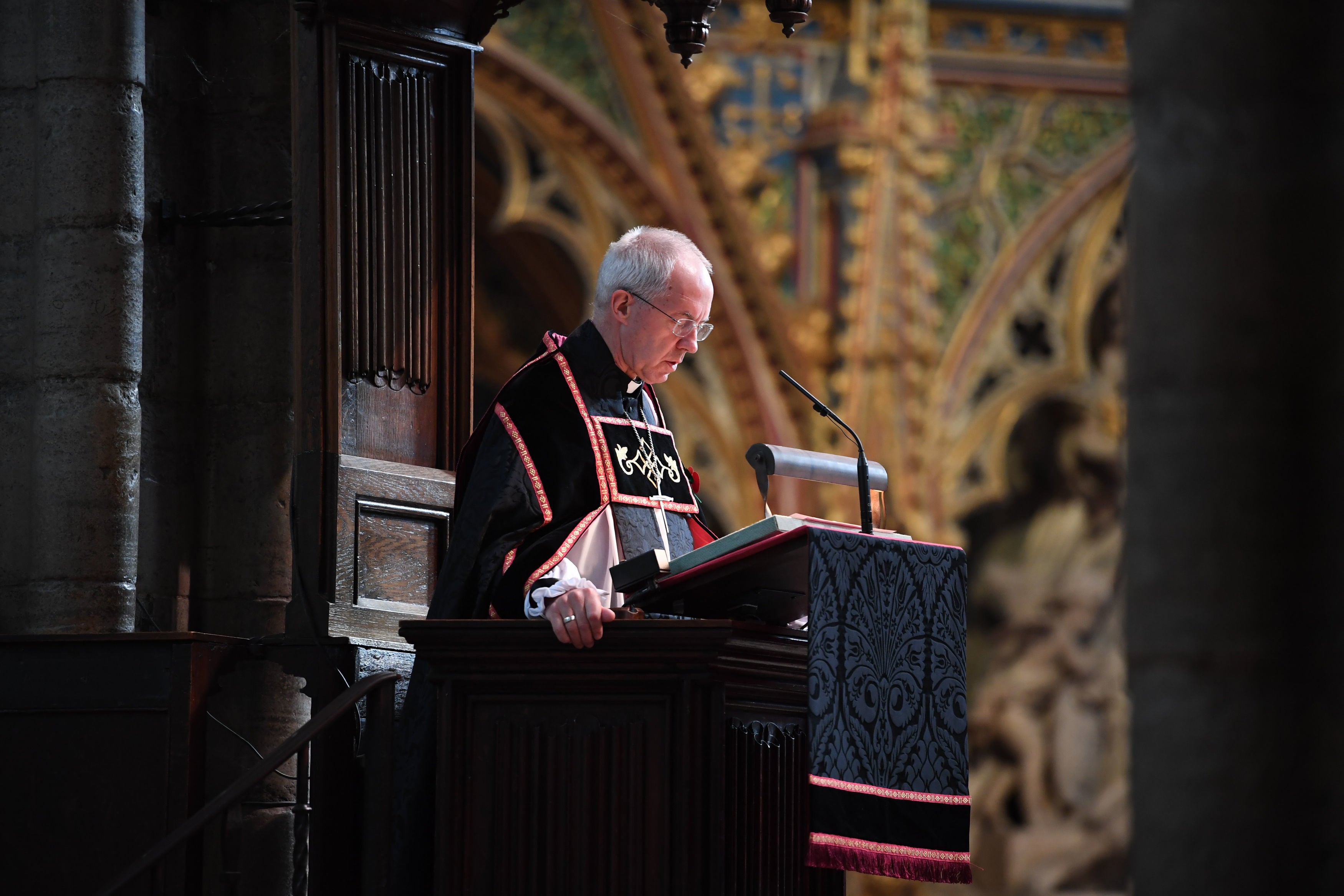 The Archbishop of Canterbury Justin Welby speaking at Westminster Abbey in London, during a service to mark Armistice Day and the centenary of the burial of the unknown warrior. PA Photo. Picture date: Wednesday November 11, 2020.