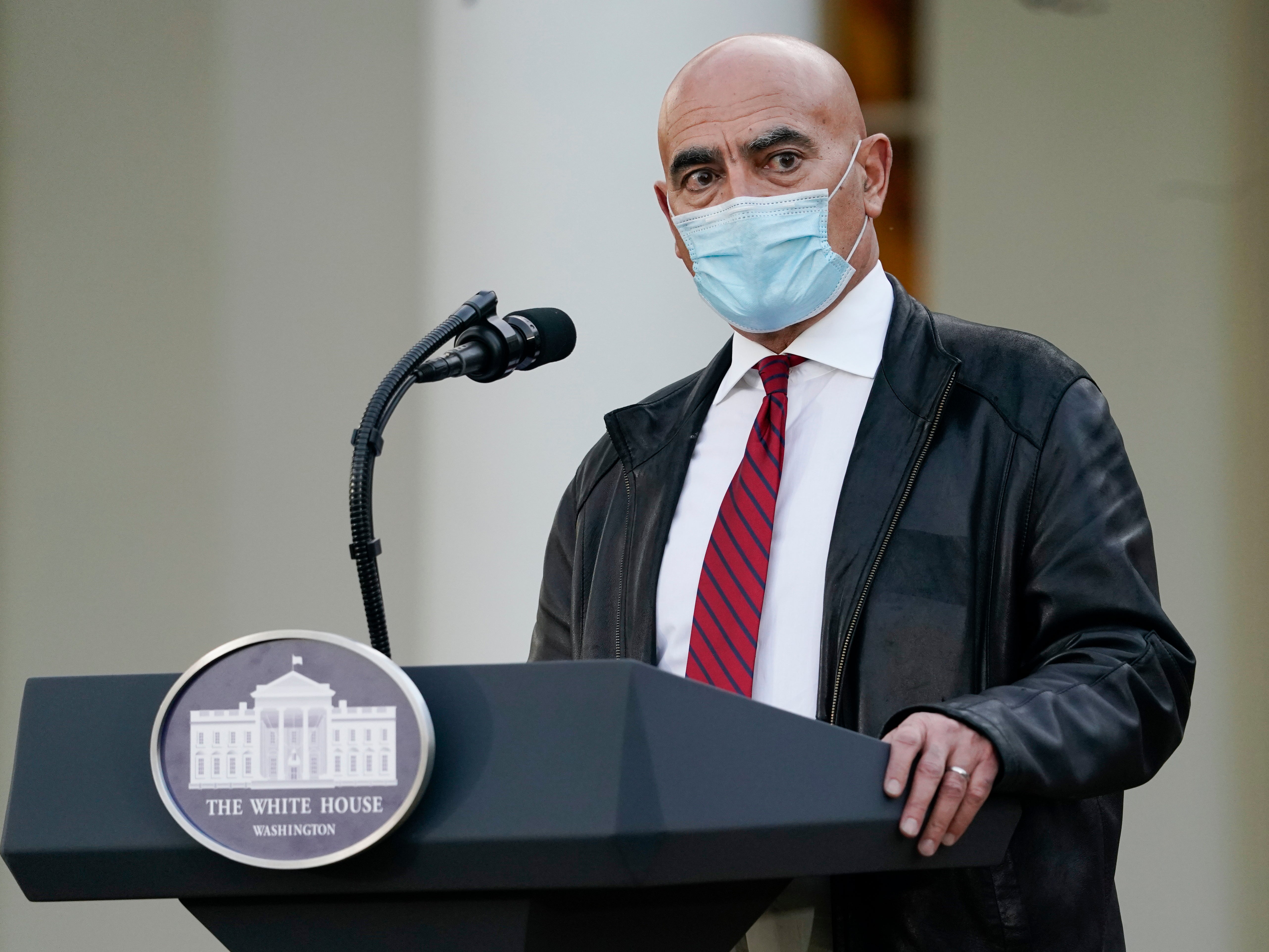 Dr Moncef Slaoui, chief adviser to Operation Warp Speed, speaks in the Rose Garden of the White House
