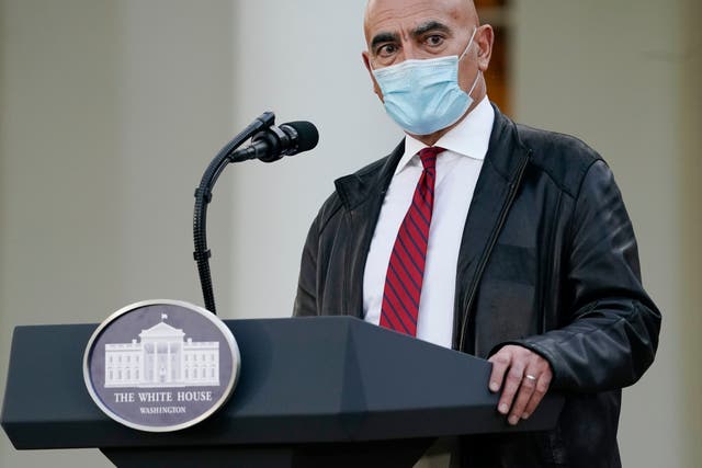 Dr Moncef Slaoui, chief adviser to Operation Warp Speed, speaks in the Rose Garden of the White House