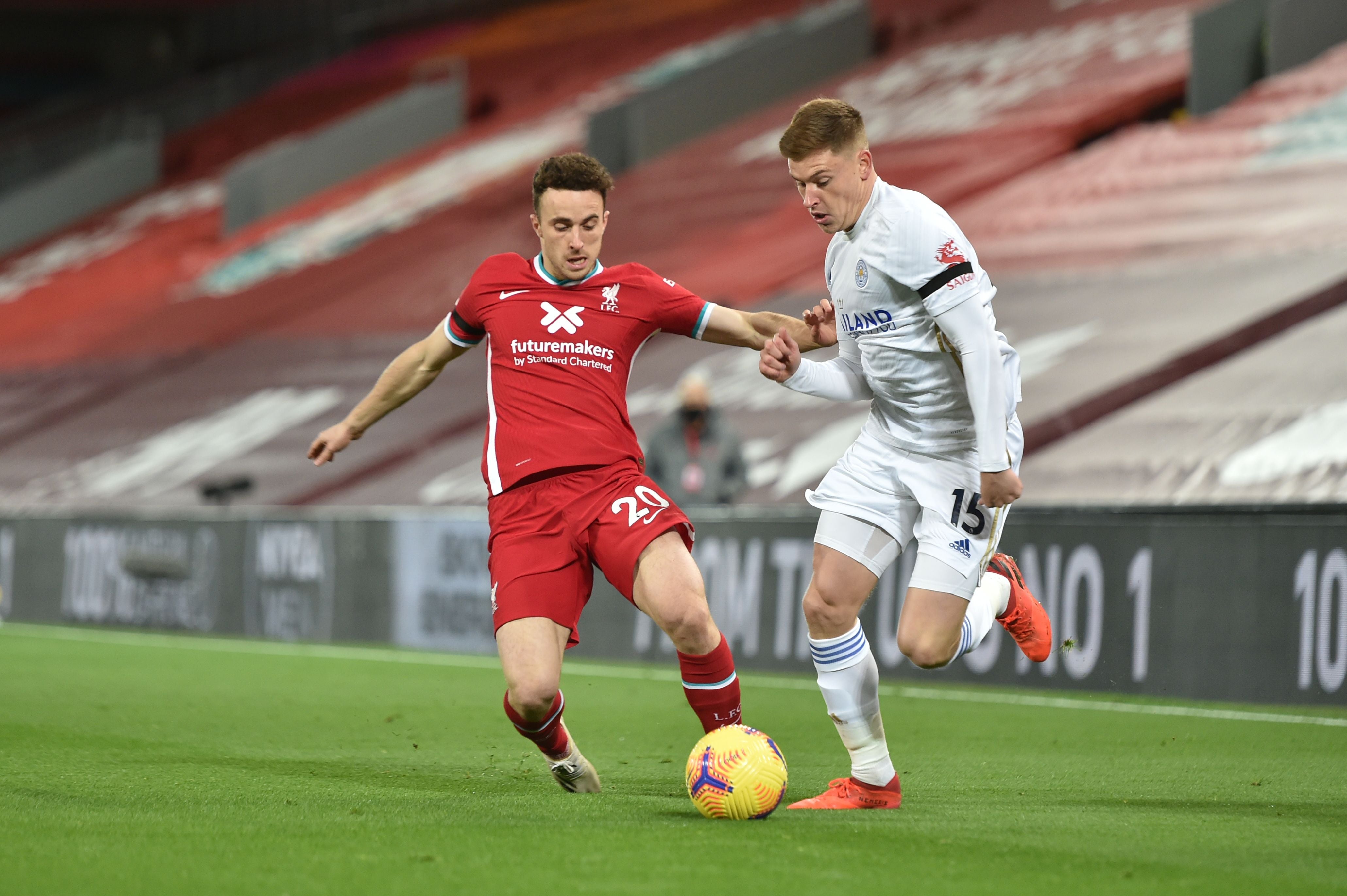 Diogo Jota (left) scored Liverpool’s second after a Jonny Evans own goal