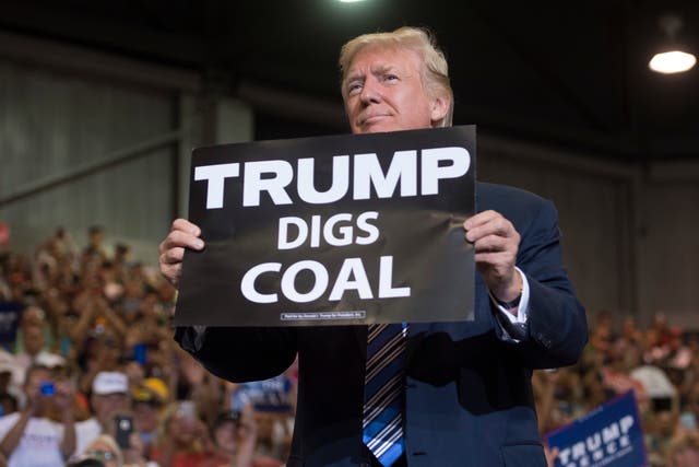 <p>Former president Donald Trump holds up a 'Trump Digs Coal’ sign as he arrives at a political rally in West Virginia in 2017</p>
