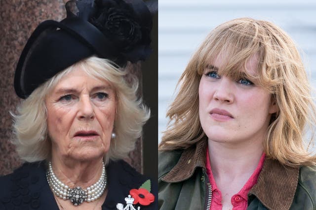 (Left) Camilla, Duchess of Cornwall in 2020 and (right) as depicted in The Crown by Emerald Fennell