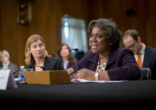 Linda Thomas-Greenfield, right, testifies during a Senate Foreign Relations Committee hearing on Capitol Hill