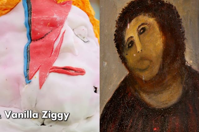 The cake modelled in the likeness of David Bowie (left) and the 2012 amateur restoration of Ecce Homo (right)