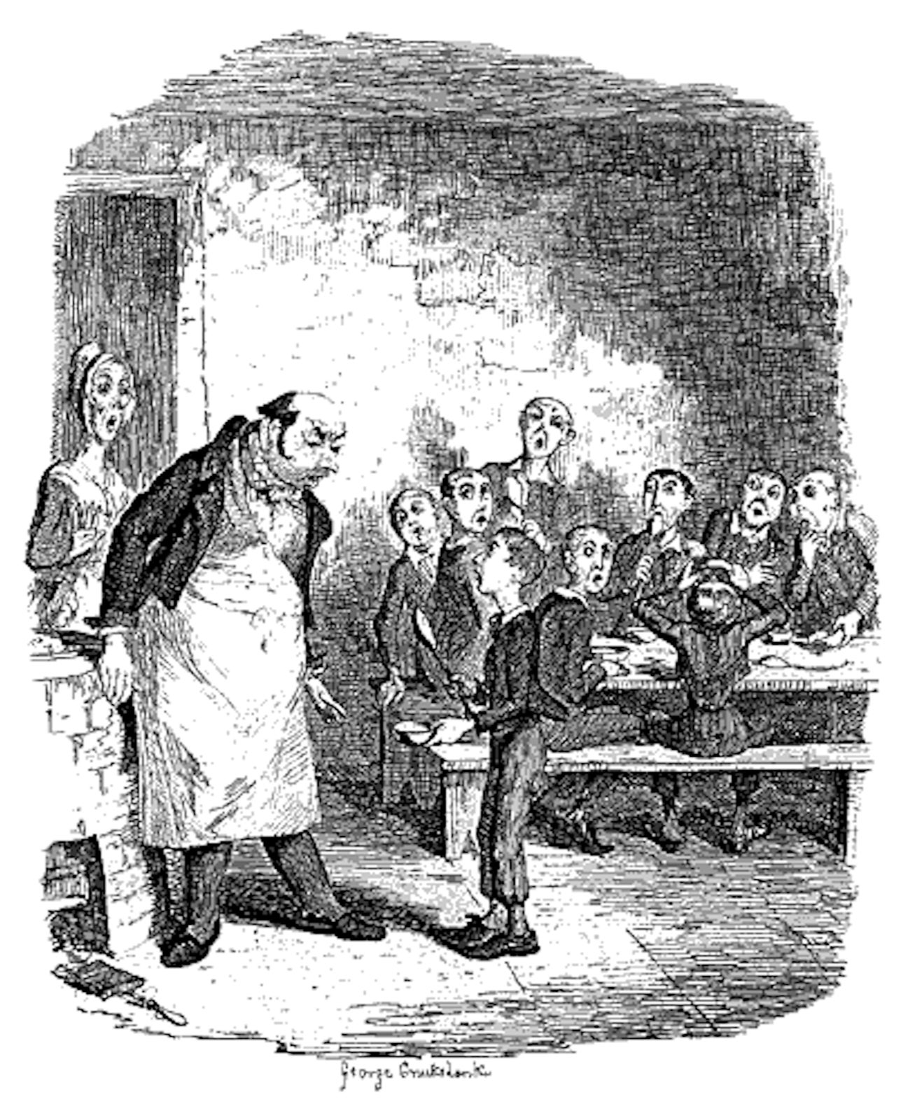 Oliver Twist asking for more food, illustrated by George Cruikshank