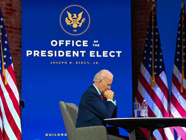 <p>US president-elect Joe Biden participates in a virtual meeting with the United States Conference of Mayors</p>