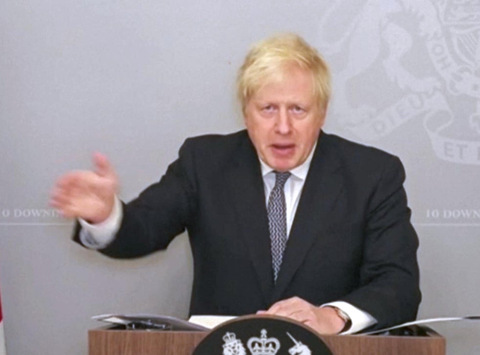 Prime minister Boris Johnson appears via video link from 10 Downing Street to set out plans for a new three-tier system of coronavirus controls
