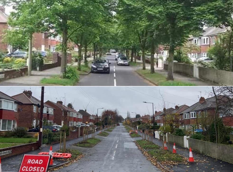 Middlefield Road in Bessacarr. The top photograph shows the trees in full leaf before 60 were cut down, and below, a recent photograph taken from the same spot shows the road now