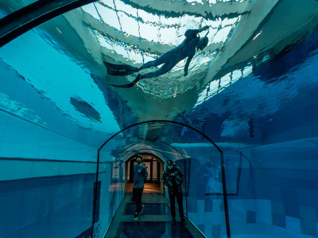 A diver is seen in the deepest pool in the world - which is 45.5m deep and located in Mszczonow 