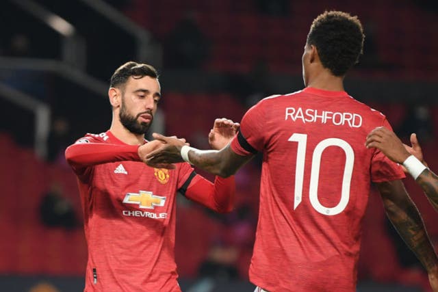 Rasford and Fernandes celebrate for Man United