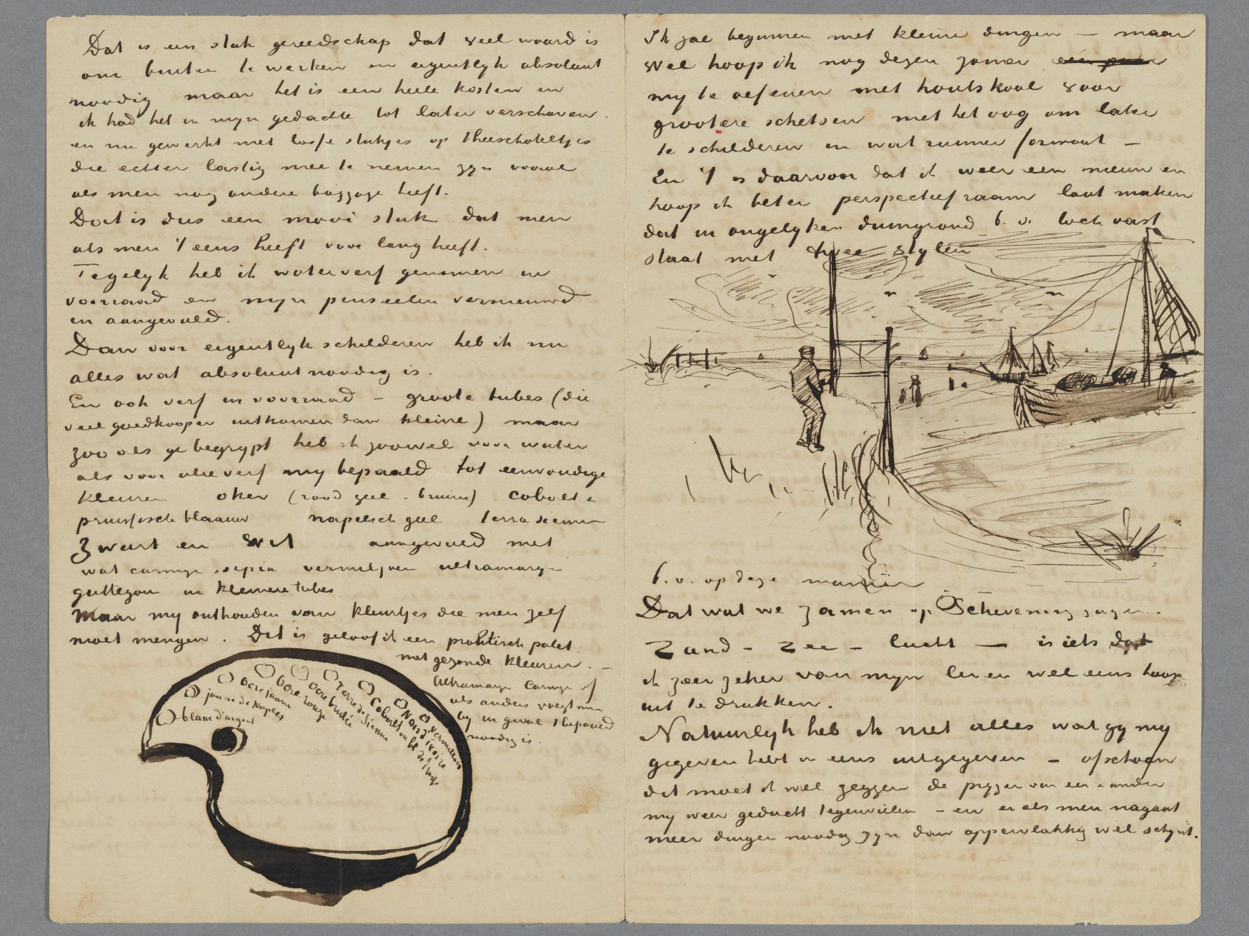A letter from Van Gogh to his brother Theo, with sketches of a palette and a beach at Scheveningen from August 1882