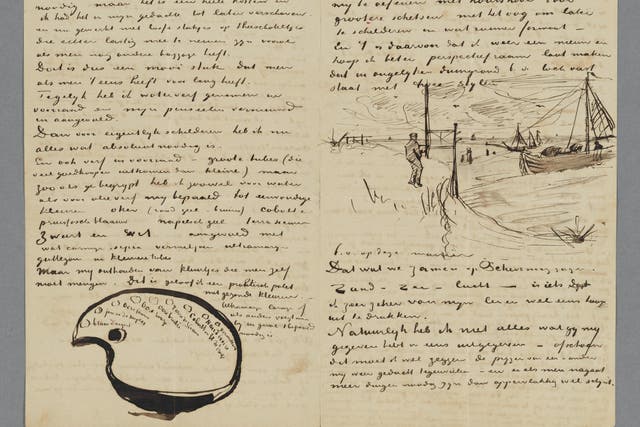 <p>A letter from Van Gogh to his brother Theo, with sketches of a palette and a beach at Scheveningen from August 1882</p>