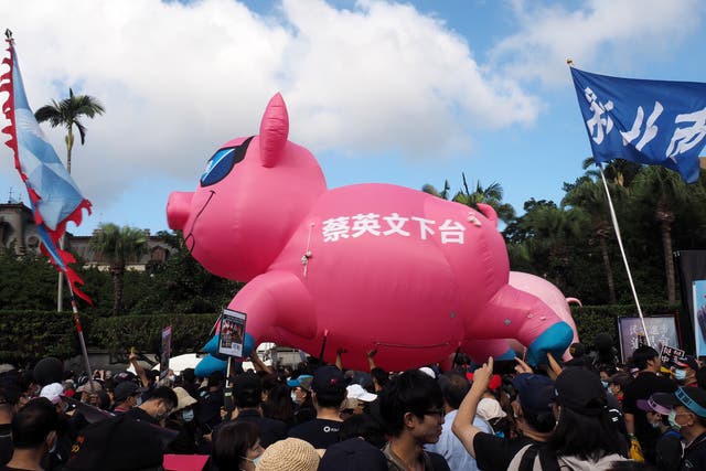 Taiwanese, holding an inflated pig with Chinese words ‘Tsa Ing-wn Step Down,’ march to the Presidential Office Building in Taipei, earlier this month (EPA/DAVID CHANG)