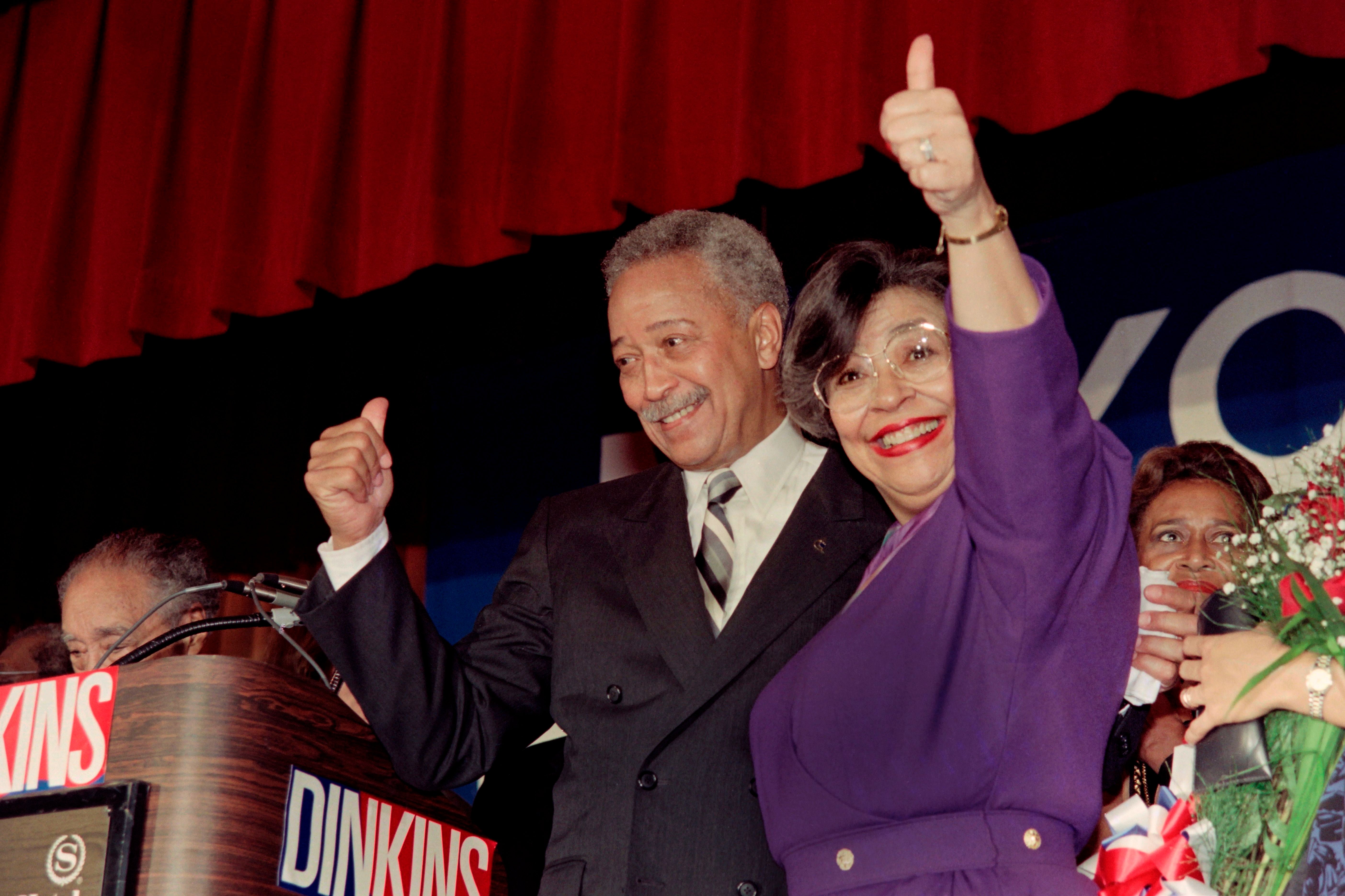 History maker: Dinkins celebrates with his wife Joyce after being elected in 1989