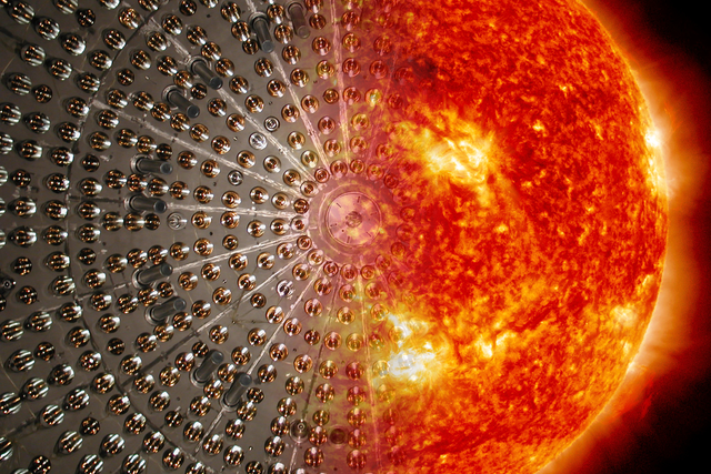 Artistic rendering of the Borexino stainless steel sphere merged with the image of the Sun