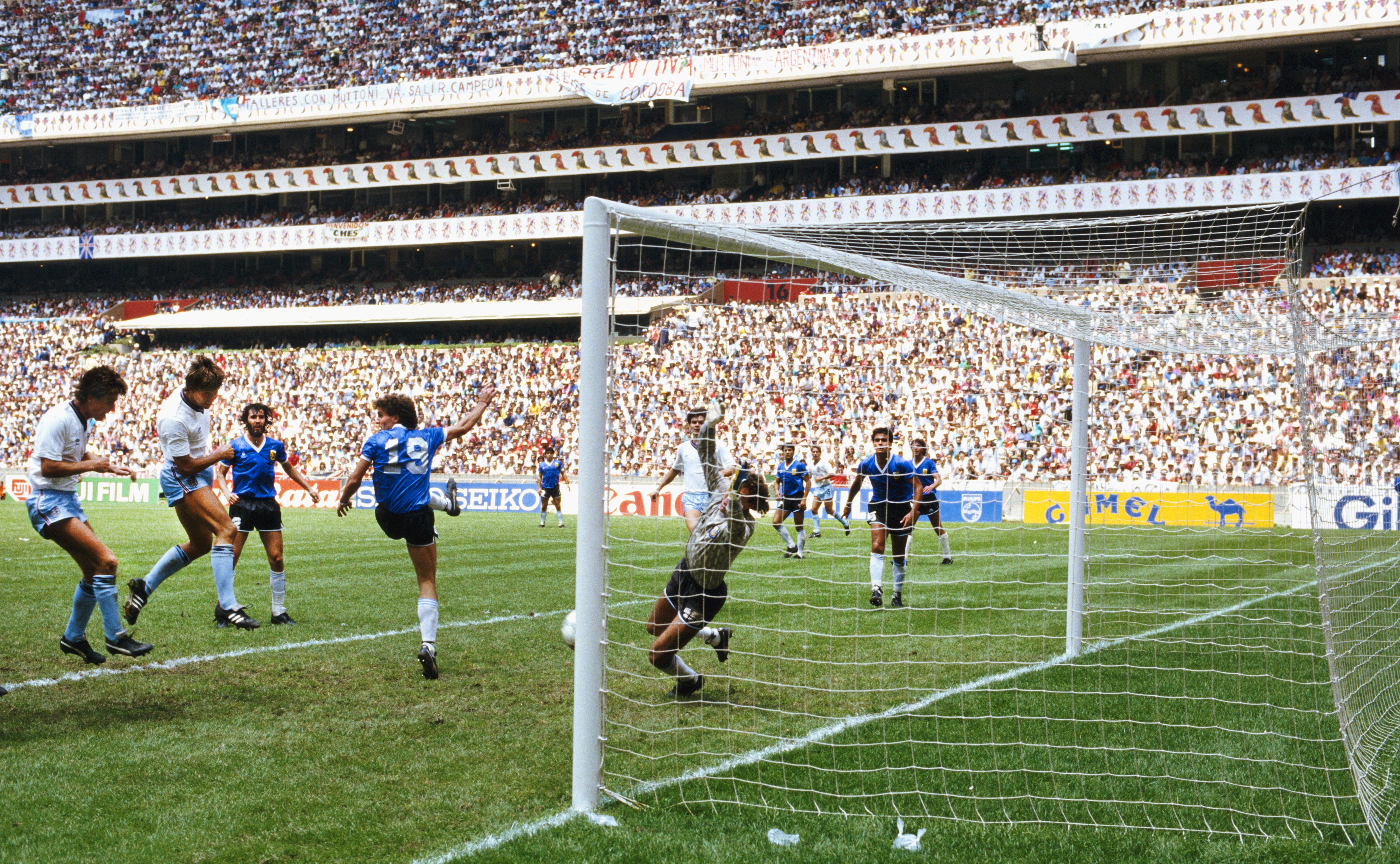 Gary Lineker heads in a goal for England against Argentina in 1986