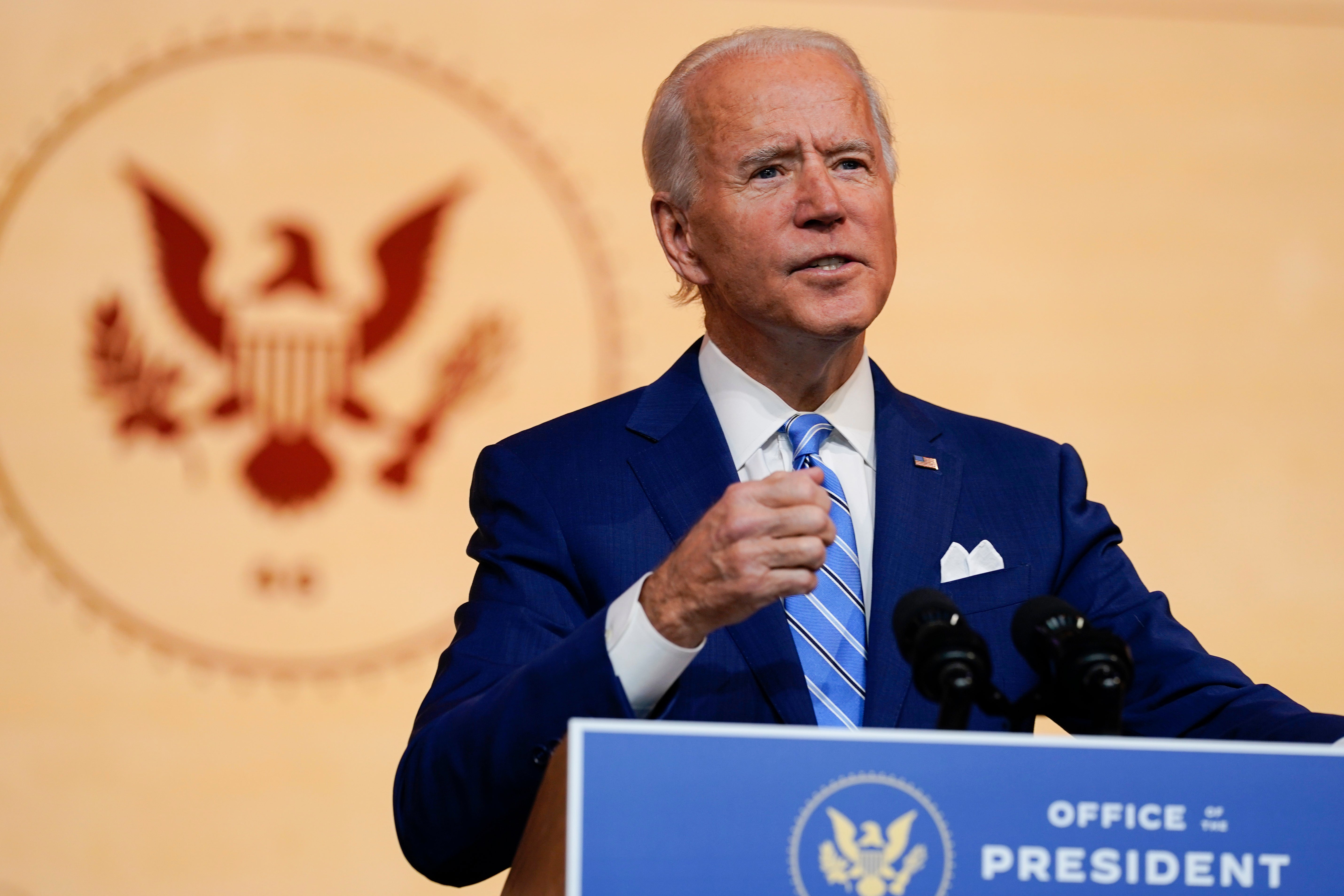 President-elect Joe Biden delivers a speech the day before Thanksgiving on 25 November