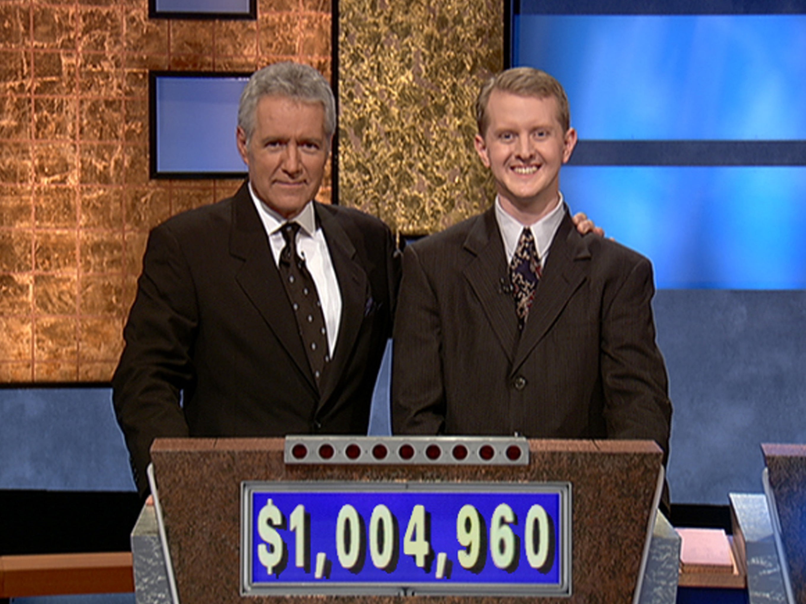 Alex Trebek poses with Ken Jennings on 14 July 2004 in Culver City, California