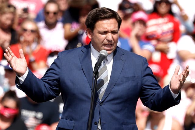 Florida governor Ron DeSantis speaks at the Donald Trump’s make America great victory rally at Raymond James Stadium in Tampa, Florida, on 29 October 2020