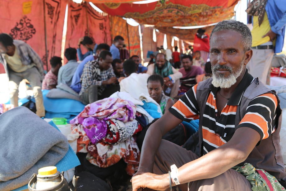 Ethiopians who fled intense fighting in Tigray gather at the Um Rakuba refugee camp in neighbouring Sudan.