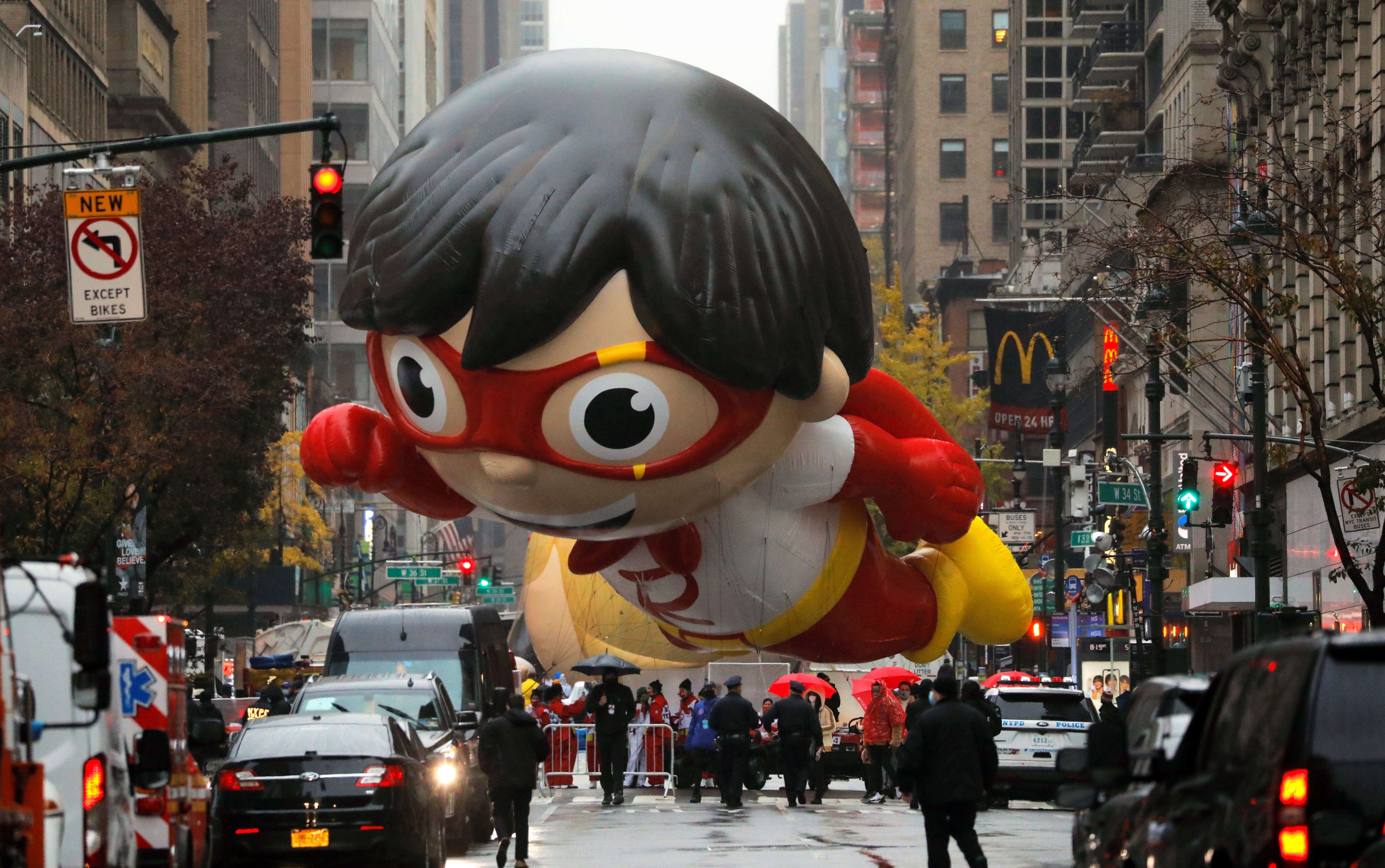 A balloon depicting Red Titan, a character from Ryan's World, is seen of ahead of the 94th Macy's Thanksgiving Day Parade