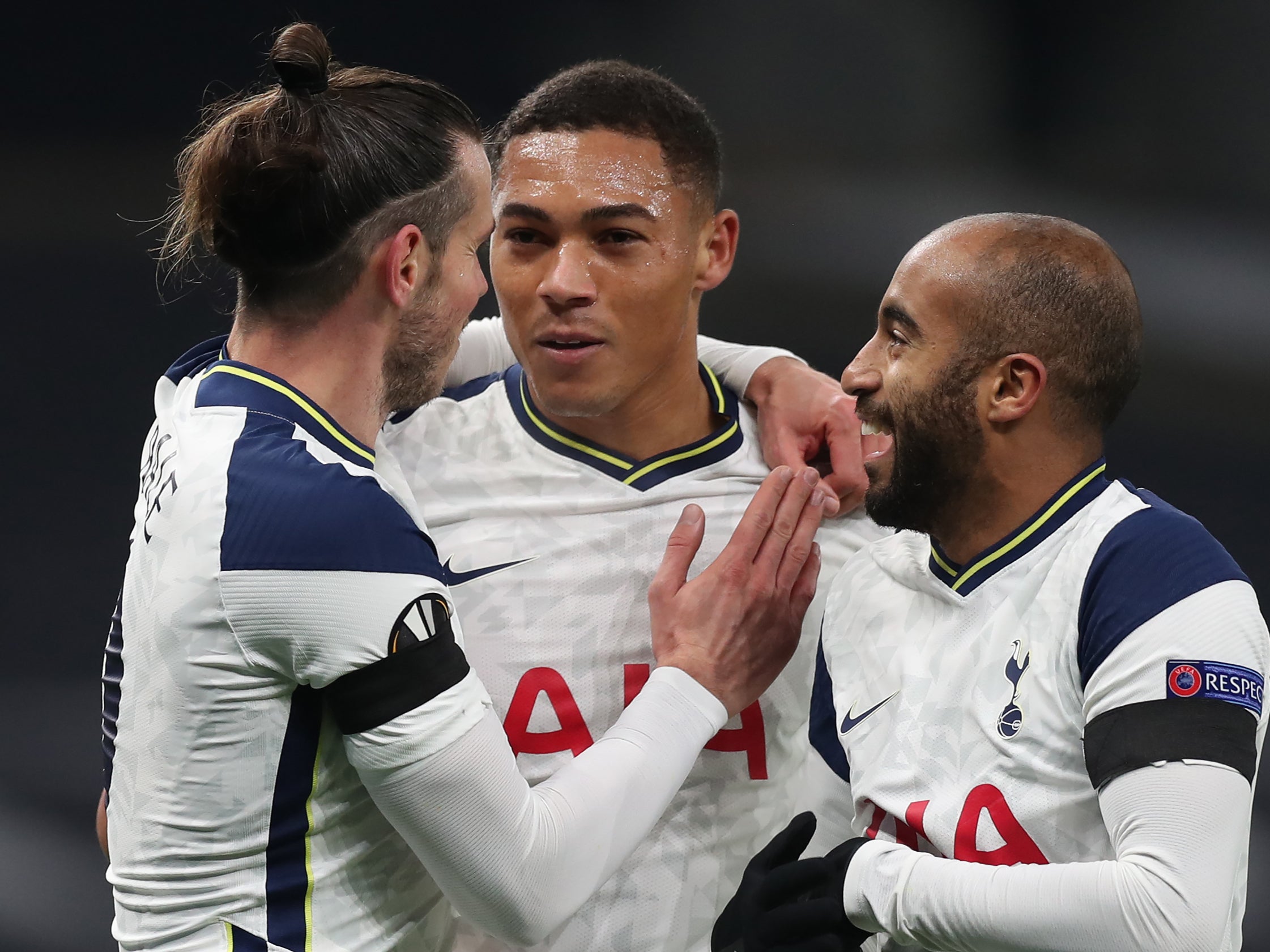 Carlos Vinicius (centre) scored his first two Spurs goals in the 4-0 win