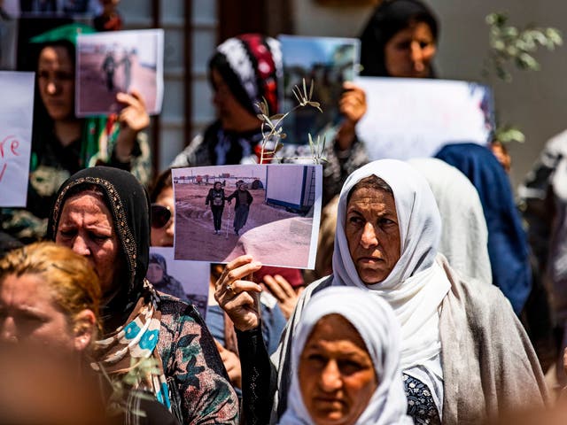 Displaced Syrians from Afrin during a demonstration to condemn violations by local Turkish-backed factions