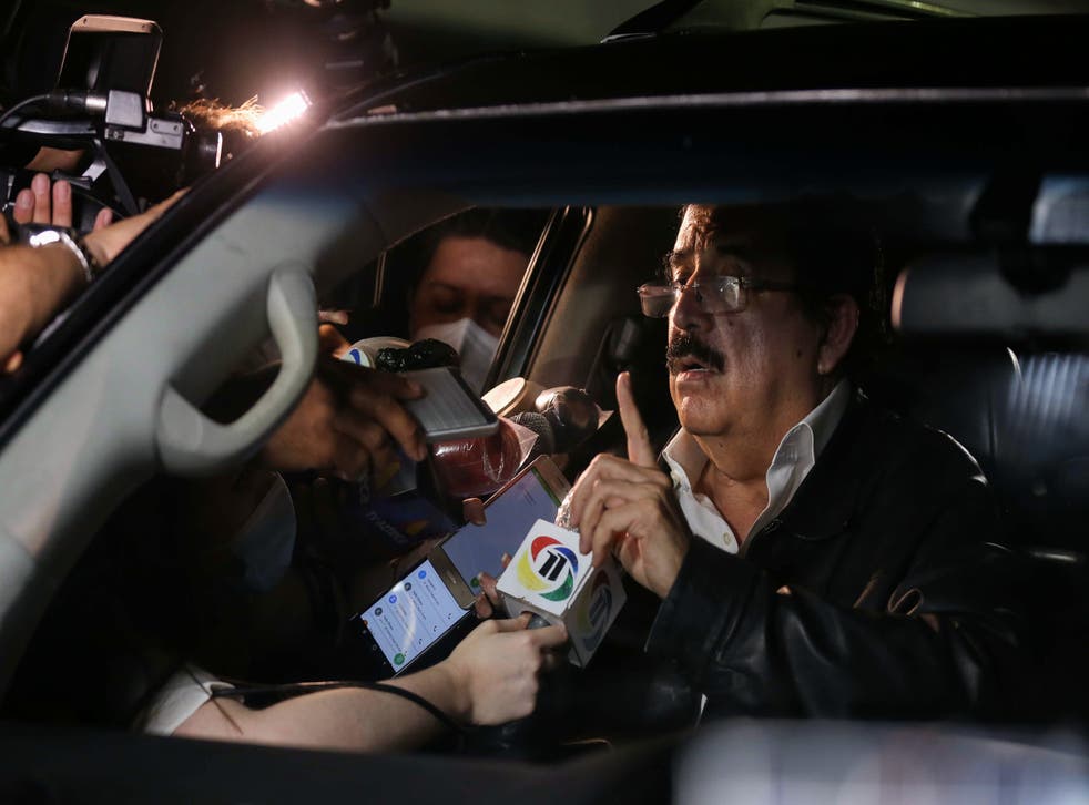 Manuel Zelaya former President of Honduras speaks to the media after been held and later released by authorities at Toncontin International Airport on 27 November 2020 in Tegucigalpa, Honduras