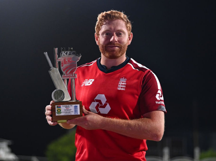 Bairstow poses with his player of the match trophy