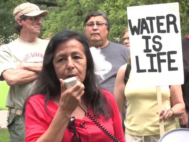 Debra White Plume, who has died, speaking in 2014 