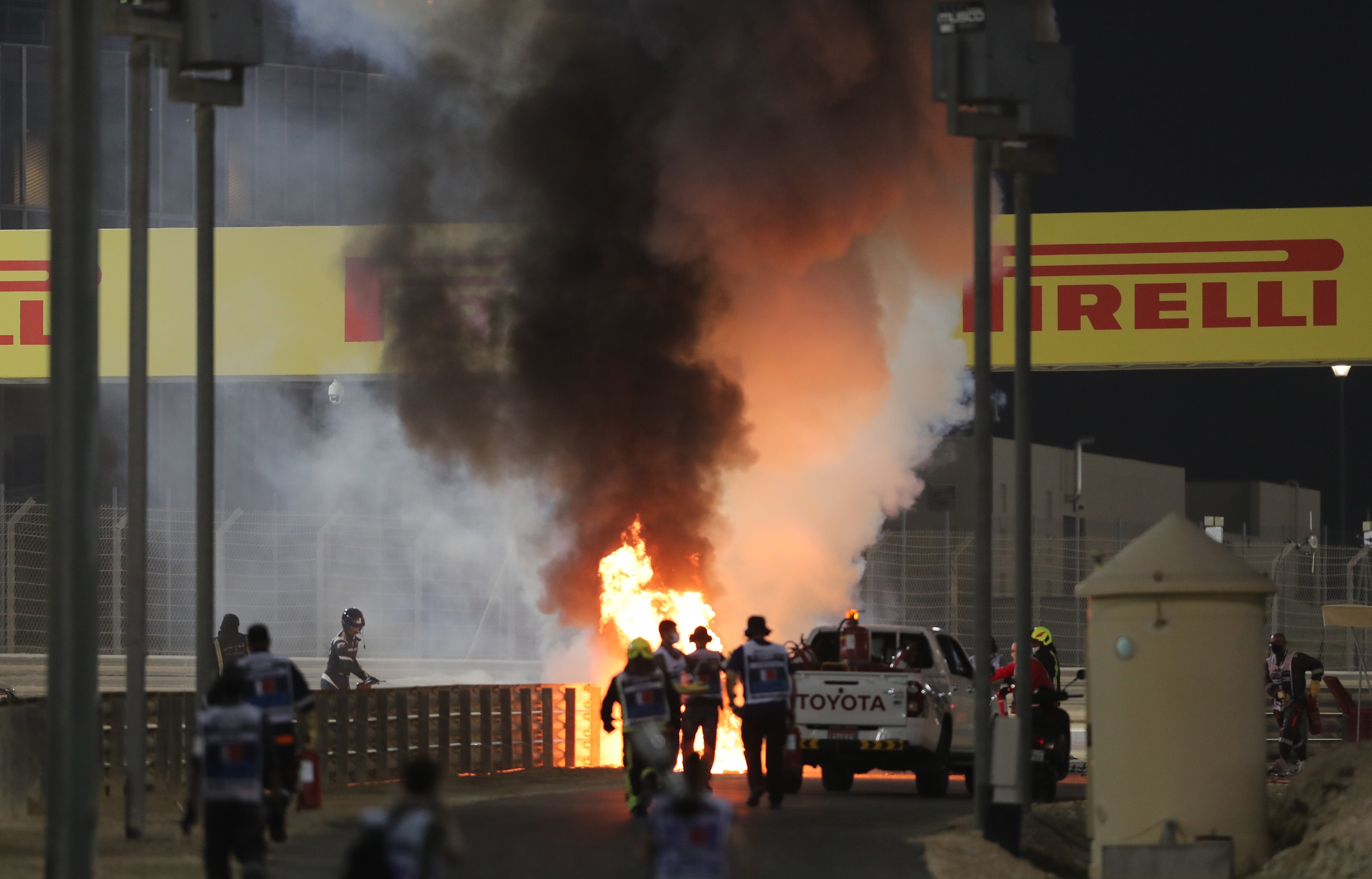Romain Grosjean’s Haas erupted into flames after crashing on the opening lap of the Bahrain Grand Prix