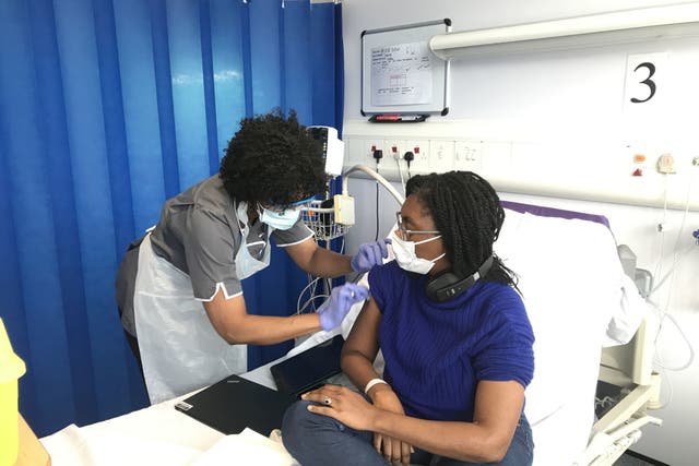 Minister for Equalities, Kemi Badenoch, receiving her first vaccination as part of the Novavax phase 3 trial, which she is taking part in at Guy's and St. Thomas' NHS Foundation Trust, London